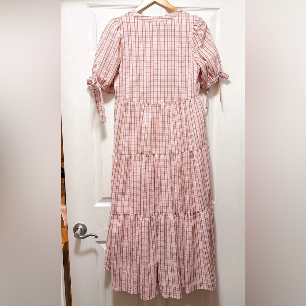 English Factory Pink Plaid Tiered Midi Dress - Picture 3 of 3